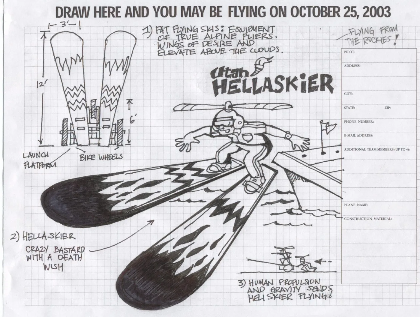 A hand-drawn concept sketch of the Hellaskier flying machine