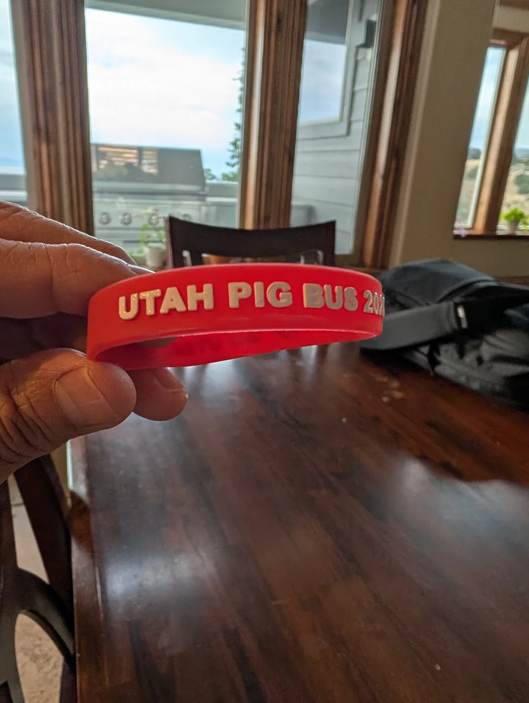 A hand holding a red 2026 Utah Pig Bus wristband