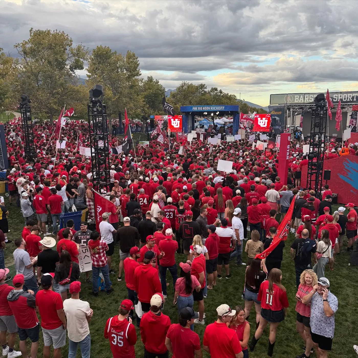 A sea of red fans in front of the FOX Big Noon Kickoff stage