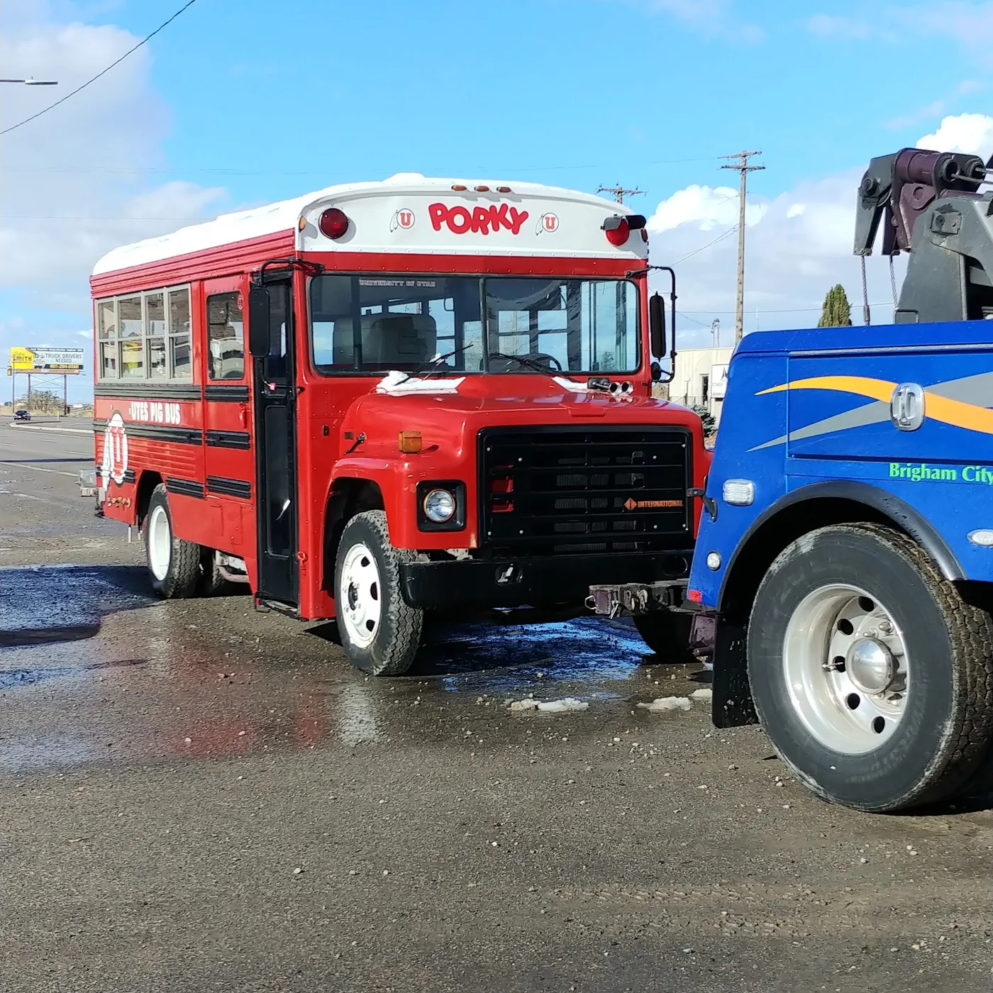 Porky with a Brigham City tow truck, snow on the roof